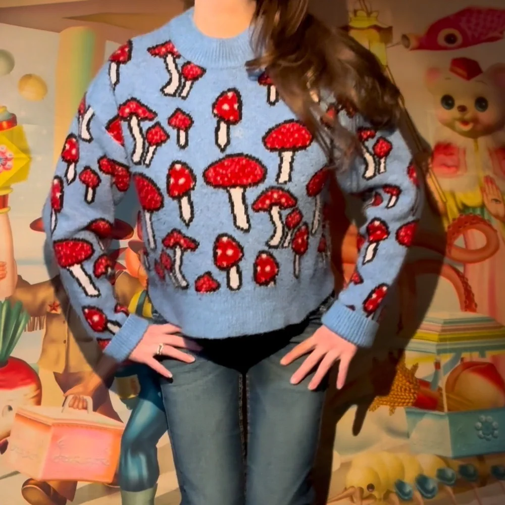 ZARA red and blue mushroom sweater - Picture 4 of 6